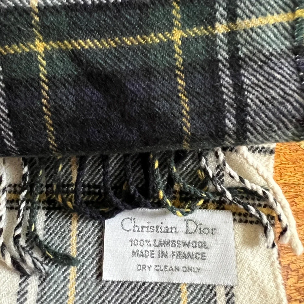 Vintage Christian Dior Cashluxe Plaid Fringe Scarf.
